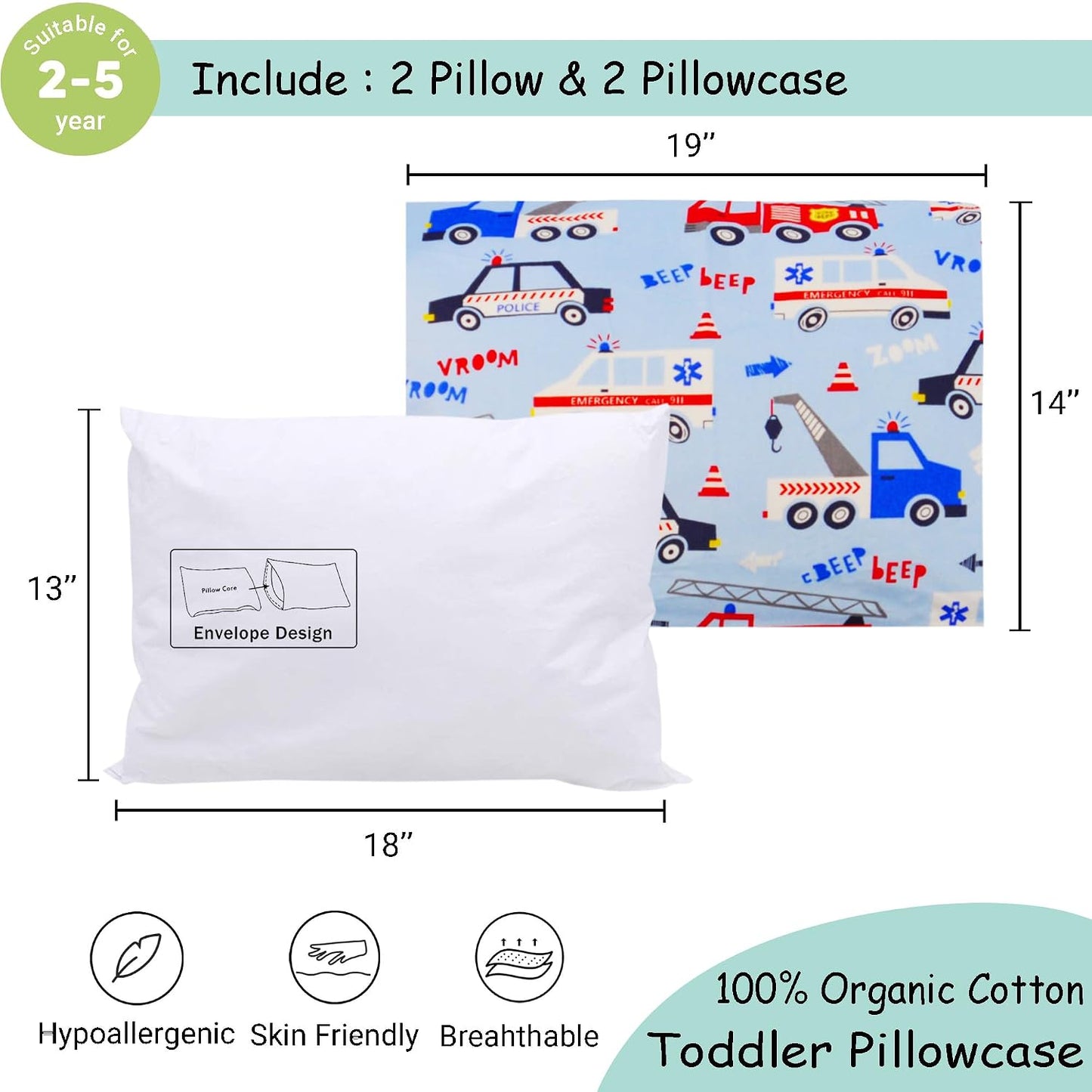 ZPECC Toddler Pillow with Pillowcase 2 Pack - 13x18 Organic Cotton Hypoallergenic Kids Pillow, Baby Essentials for Travel Crib Daycare Stroller (Intended for Age 2 and up) Car