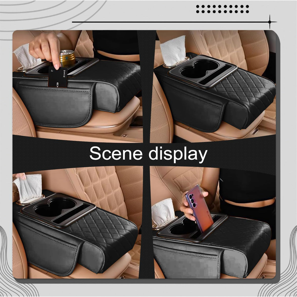 Car Center Console Organizer Armrest Storage Box with 2 Cup Holders-Universal 5-in-1 Leather Cushion Cover,Phone Slot & Tissue Holder for SUV/Sedan(Black)