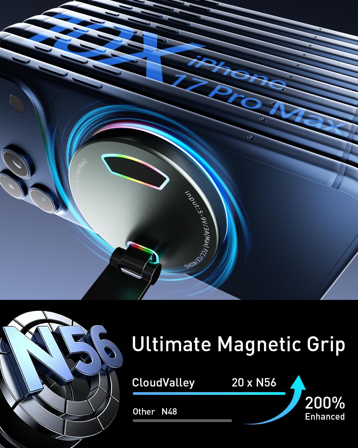 CloudValley 15W Wireless Charger Magnetic Car Phone Holder with RGB Light