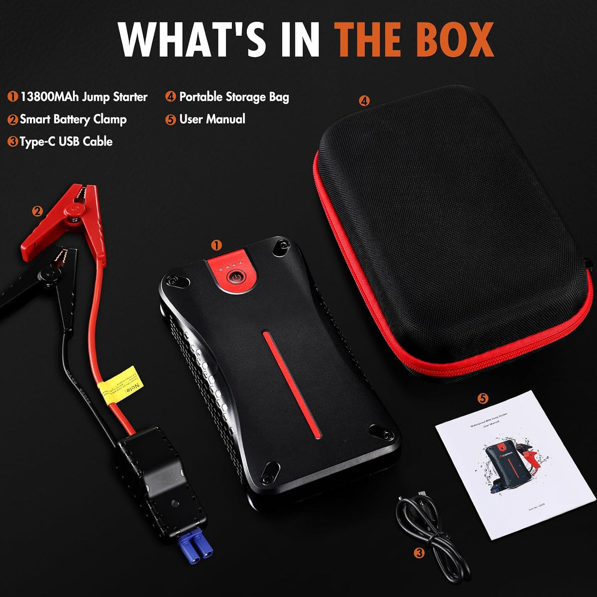 Car Battery Jump Starter, 3000A 12V Jump Starter with USB Quick Charge (UP to 7.0L Gasoline and 5.5L Diesel Engine), Portable Jump Box with 3 Modes Flashlight and Jumper Cable