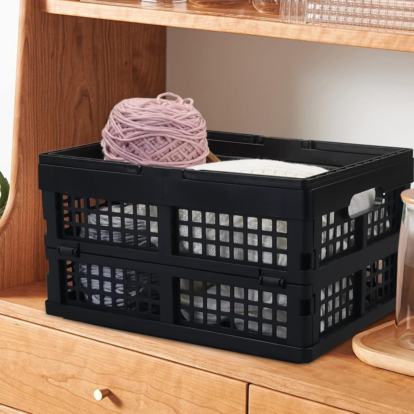 Collapsible Folding Storage Crates 2-Pack, 15L Stackable | Plastic Utility Bins with Handles, Space-Saving Fold-Flat Design, Heavy-Duty Black Crates for Home, Car, Camping