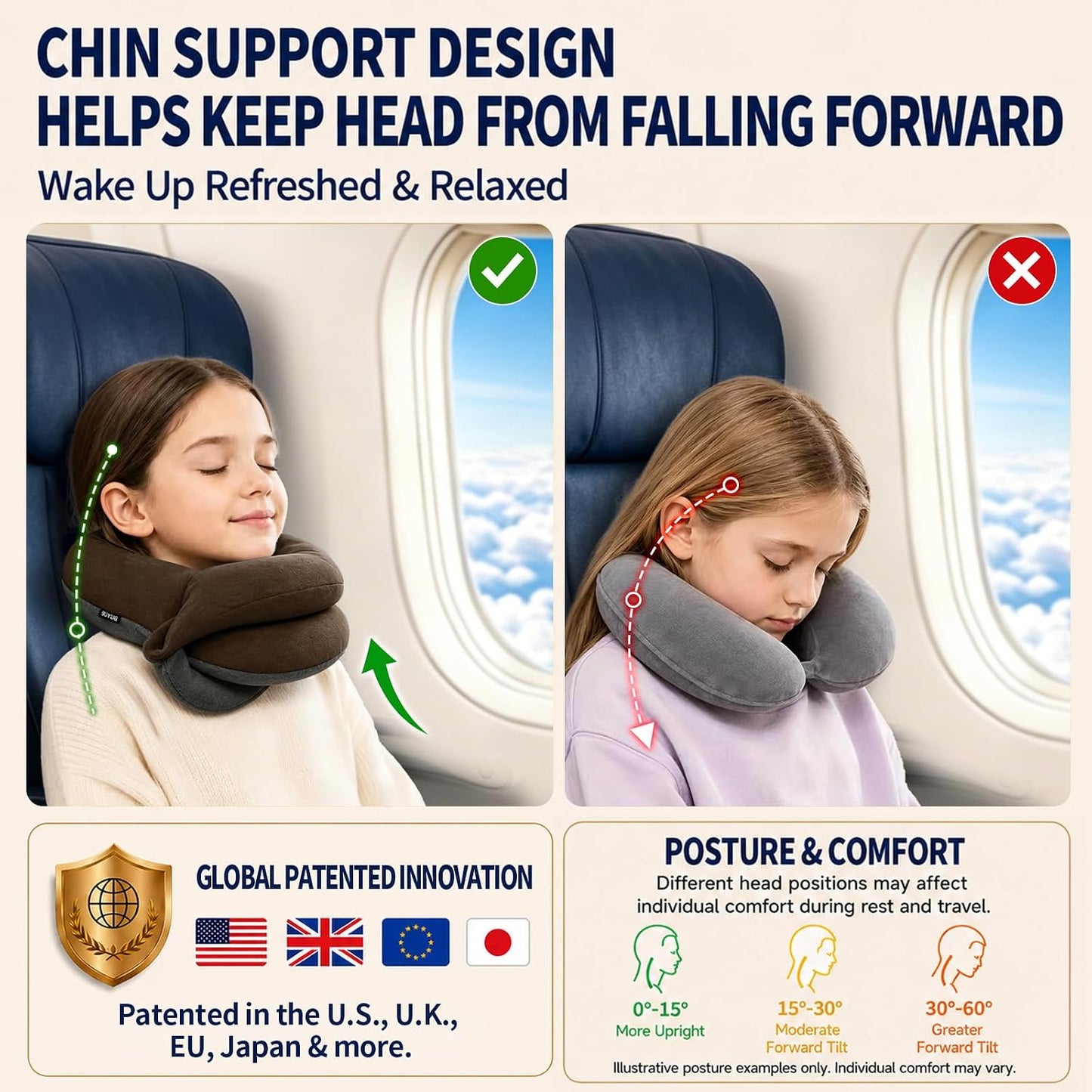 BUYUE Kids Travel Pillows for Airplane, Memory Foam 360° Head Support Sleeping Essentials for Boys Long Flight, Skin-Friendly Soft Neck Pillow for Traveling in Car Seat, (Small, Brown Grey, 40-90 lbs)