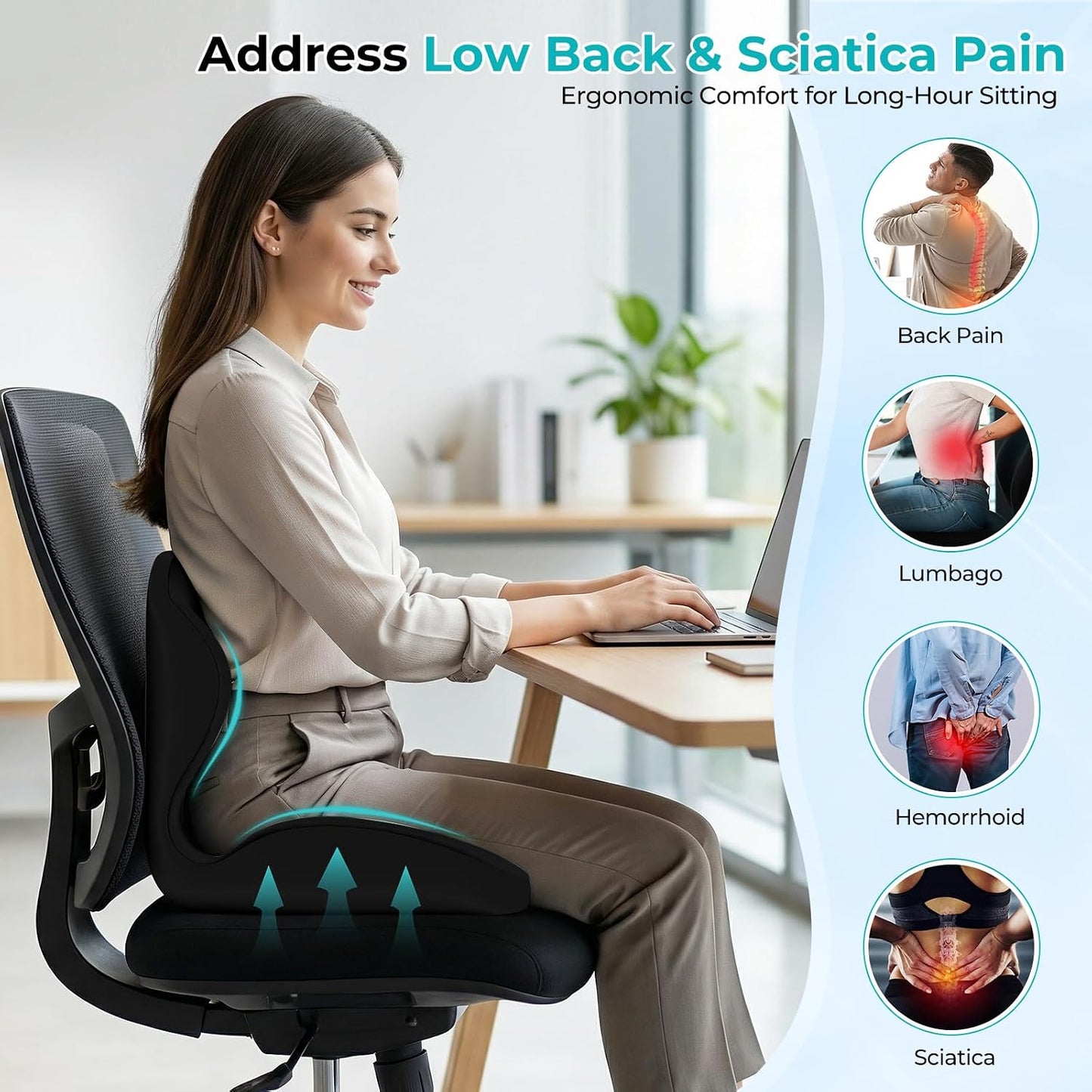 Memory Foam Seat Cushion with Lumbar Support Pillow for Truck Driver, Ergonomic L-Shaped Car Seat Cushion for Tailbone Pressure Relief, Non-Slip Chair Pad for Long Driving, Black
