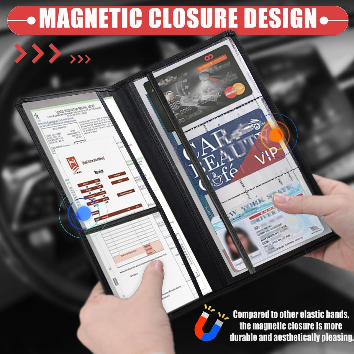 Car Document Holder with Magnetic Shut, Car Registration & Insurance Card Holder, Waterproof PU Leather Glove Box Organizer Vehicle Accessories Driver License for Women/Men, Watercolor Dinosaur