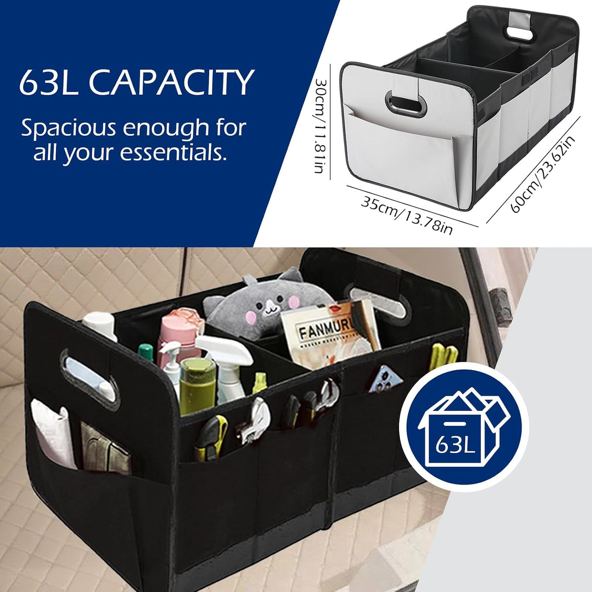 Foldable Car Trunk Organizer - 63L Collapsible Multi-Compartment Storage with 10 Side Pockets, Reinforced Handles & Waterproof 600D Oxford Polyester - Fits Car, SUV, Minivan - Grey