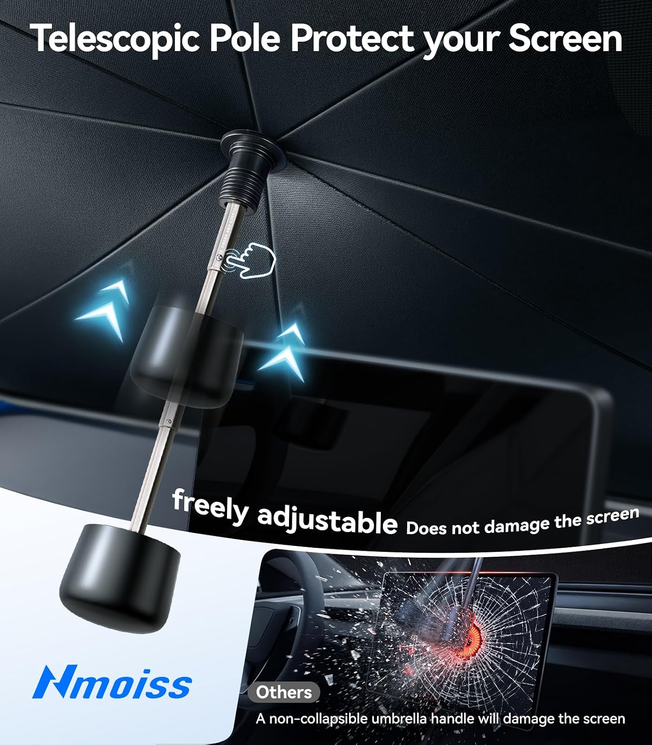 Nmoiss True Dual Layer Air Cooled Windshield Sun Shade Umbrella - [Drive to Superior Coolness & Comfort] Block 99% UV Sun Rays & Heat Damage Keep Cool and Protect Interior Medium