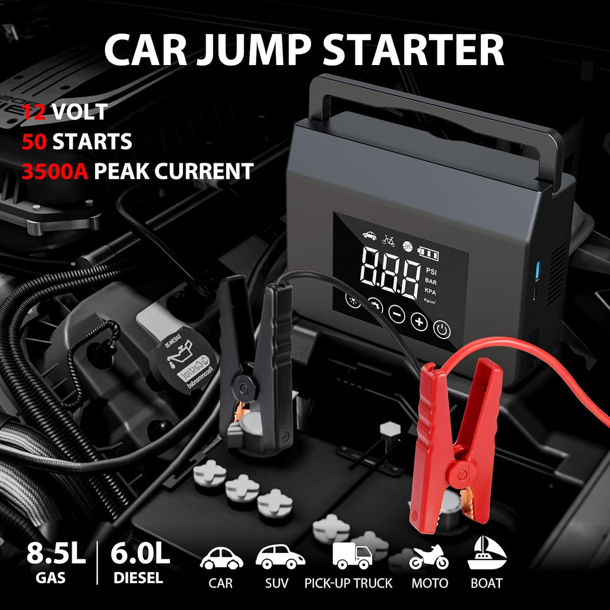 Portable Car Jump Starter with Air Compressor, 150PSI 3500A Car Battery Jump Starter 12V Car Battery Jumper Starter with Large LCD Display, Lights