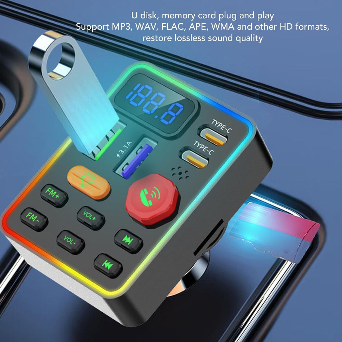 Zunate Car Bluetooth Adapter FM Transmitter with Large Digital Display, USB Type C and USB Fast Charging Car Charger, MP3 Music Stereo Sound Player Radio Adapter for 12V 24V Vehicles