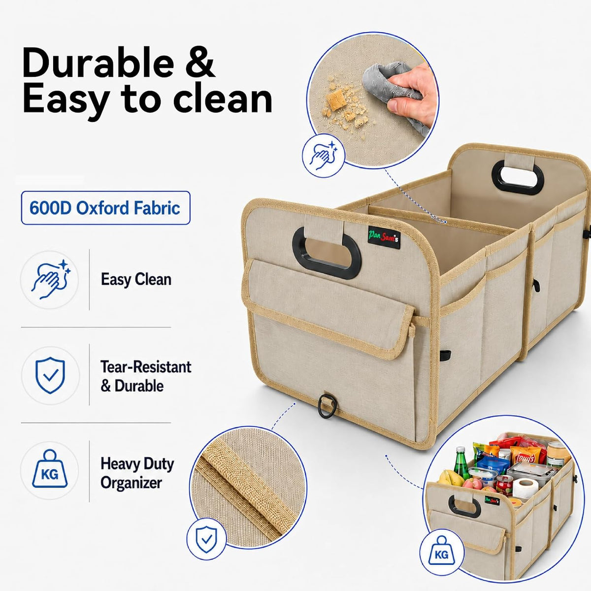 PAT SAM'S Trunk Organizer for SUV, Collapsible Car Trunk Organizer with Dividers, Waterproof 600D Oxford, Non-Slip Storage Organizer for Groceries, Tools, Travel, Truck & Car (Beige)