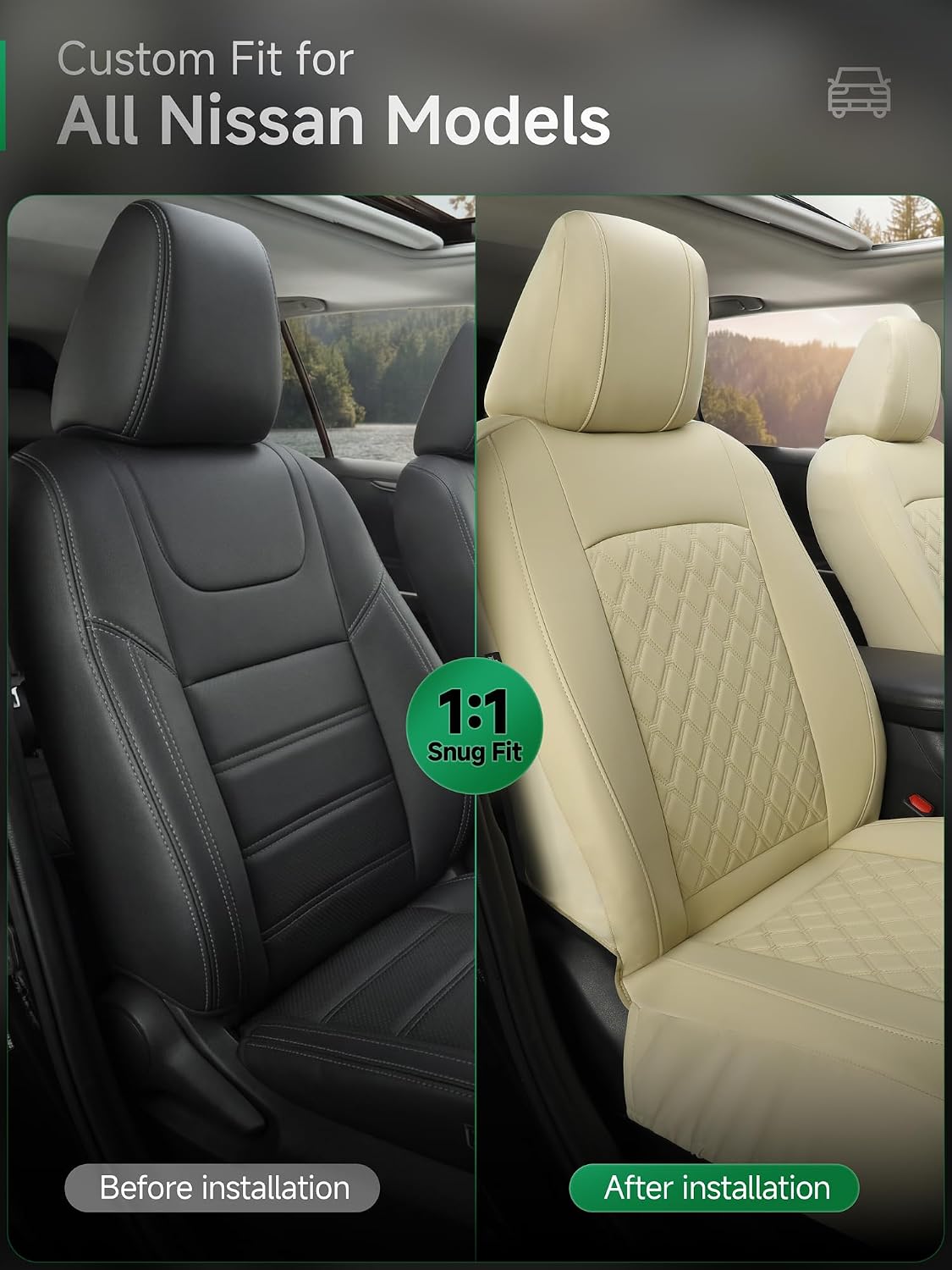 GIANT PANDA Front Seat Covers for Nissan Rogue Altima Sentra Versa Kicks Murano Pathfinder Maxima,Faux Leather Bucket Seat Cover Fit Nissan Seat Protectors (Beige Diamond) 2-Pack