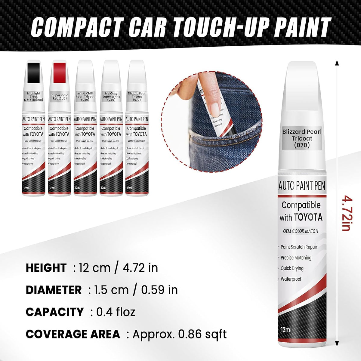 Blizzard Pearl Tricoat(070) Touch Up Paint for Toyota, 0.4 fl oz OEM Color Match Professional Grade Car Paint Scratch Remover for Avalon/RAV4/Camry/Corolla/Highlander/Prius/Sequoia/Sienna