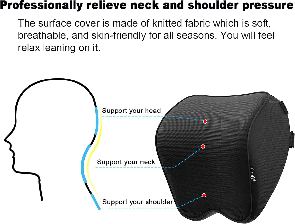 Crofy 2-Pack Car Neck Pillow, Headrest Pillow with Adjustable Strap, Black | Soft Memory Foam; Ergonomic Design Fits Most Car & Office Chairs; Breathable Removable Pillow Cover Is Machine Washable