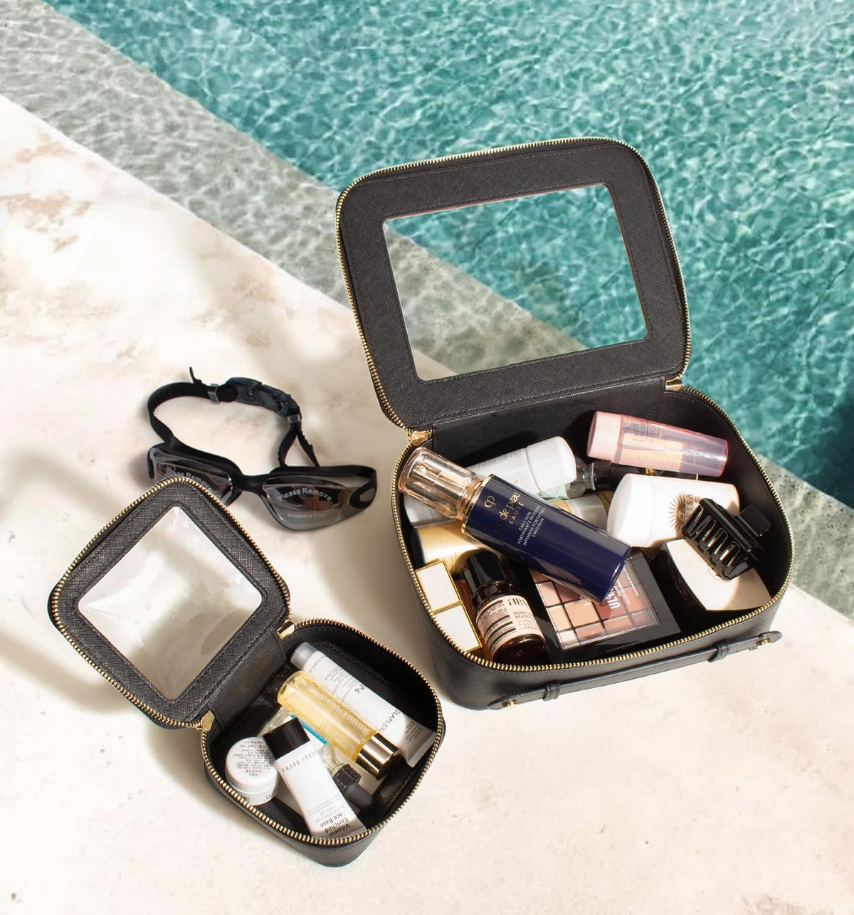 Clear Makeup Bag Set-Travel Toiletry Organizer for Women(Mini+Large Black)