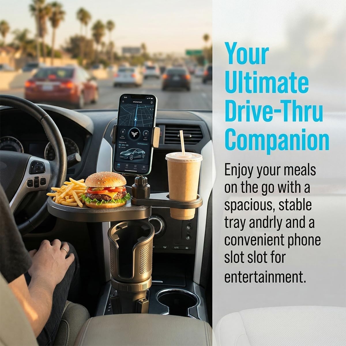Car Cup Holder Tray, 3 in 1 Multifunctional Vehicle Food Water Bottle Phone Holder Expander Adapter with Adjustable Base, Detachable Auto Interior Food Tray Table, Universal Fit (Black)