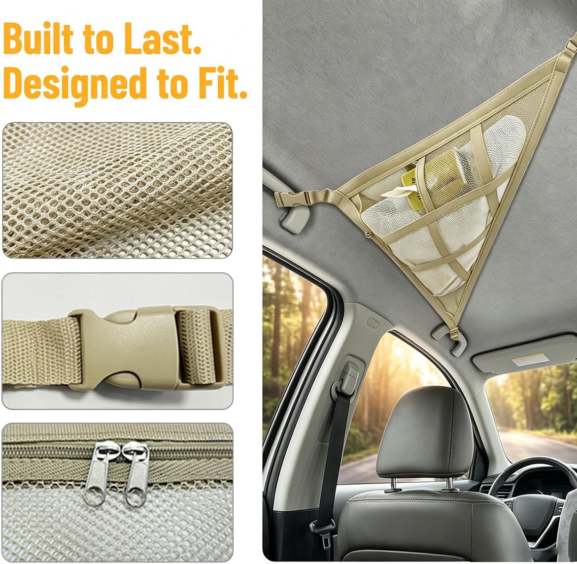 Car Ceiling Cargo Net, 31.50 × 20.87 Inches, 3 & 4 Handle, Beige