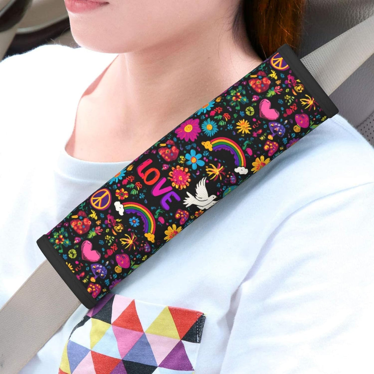 Retro Flower Peace Rainbow Love Steering Wheel Cover Elastic Non-Slip Car Steering Wheel Covers with Seat Belt Shoulder Pad for Women Men
