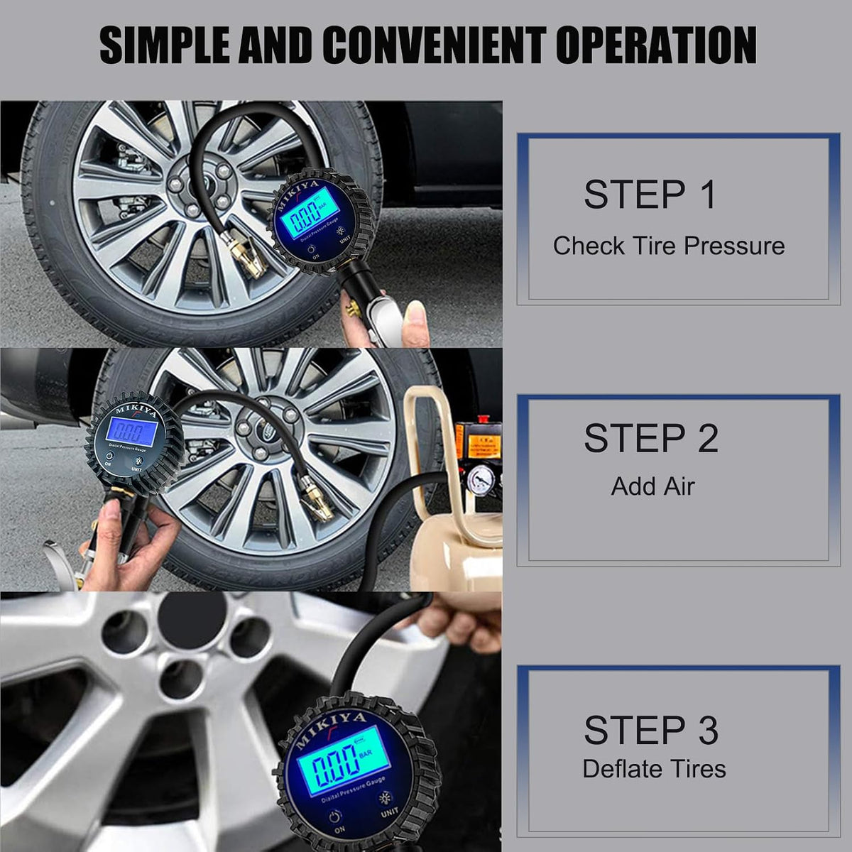 Digital Tire Pressure Gauge with Inflator, 250 PSI,Heavy Duty Air Compressor Accessories, with Rubber Hose Lock on Air Chuck and Quick Connect Coupler (YS-DTP-B)
