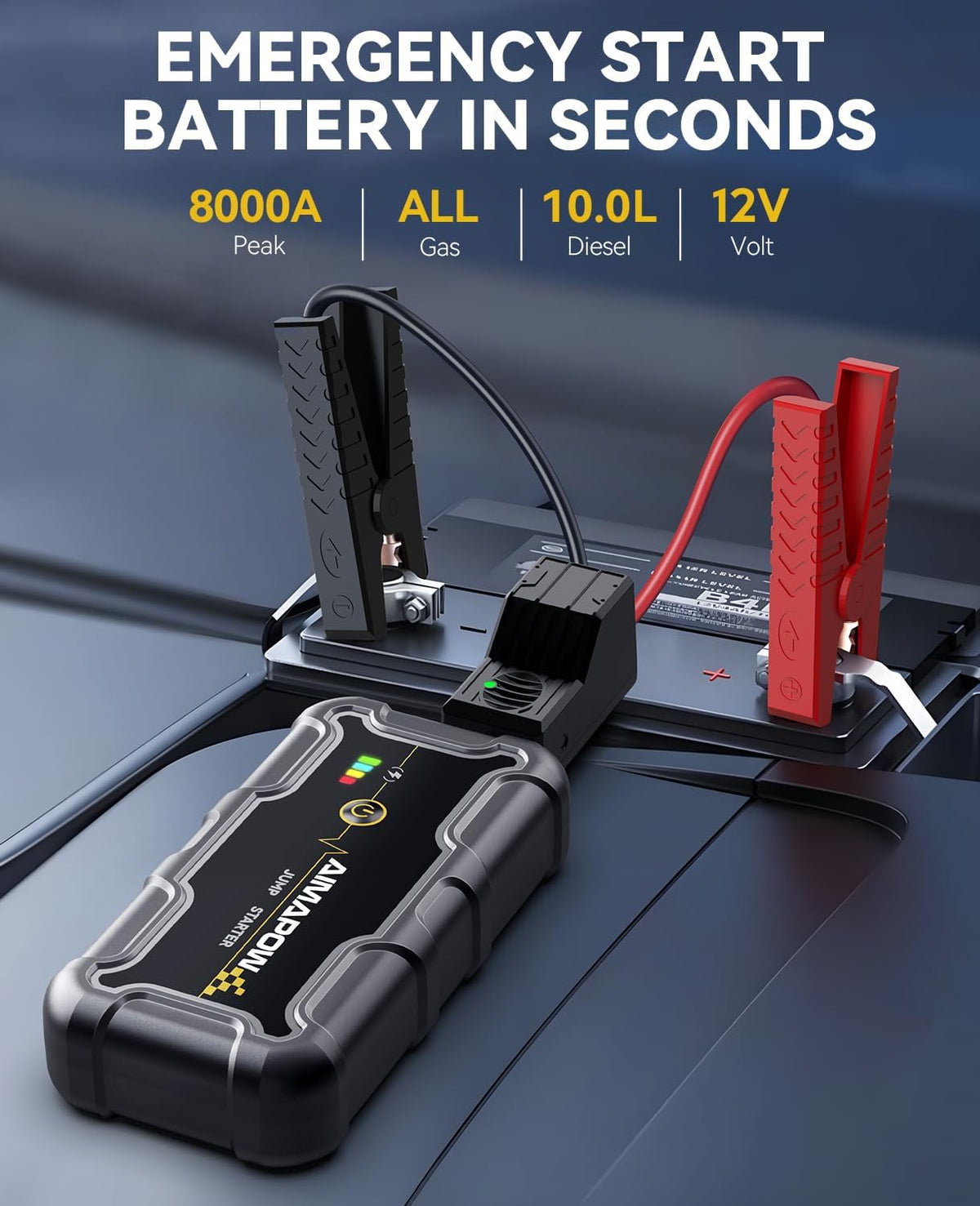 AIMAPOW Portable Car Battery Jump Starter 8000A Jump Box, Car Jumper Starter Portable Jumper Cables for car(AllL Gas/10L Diesel), Fast Charge, Lights, Compact