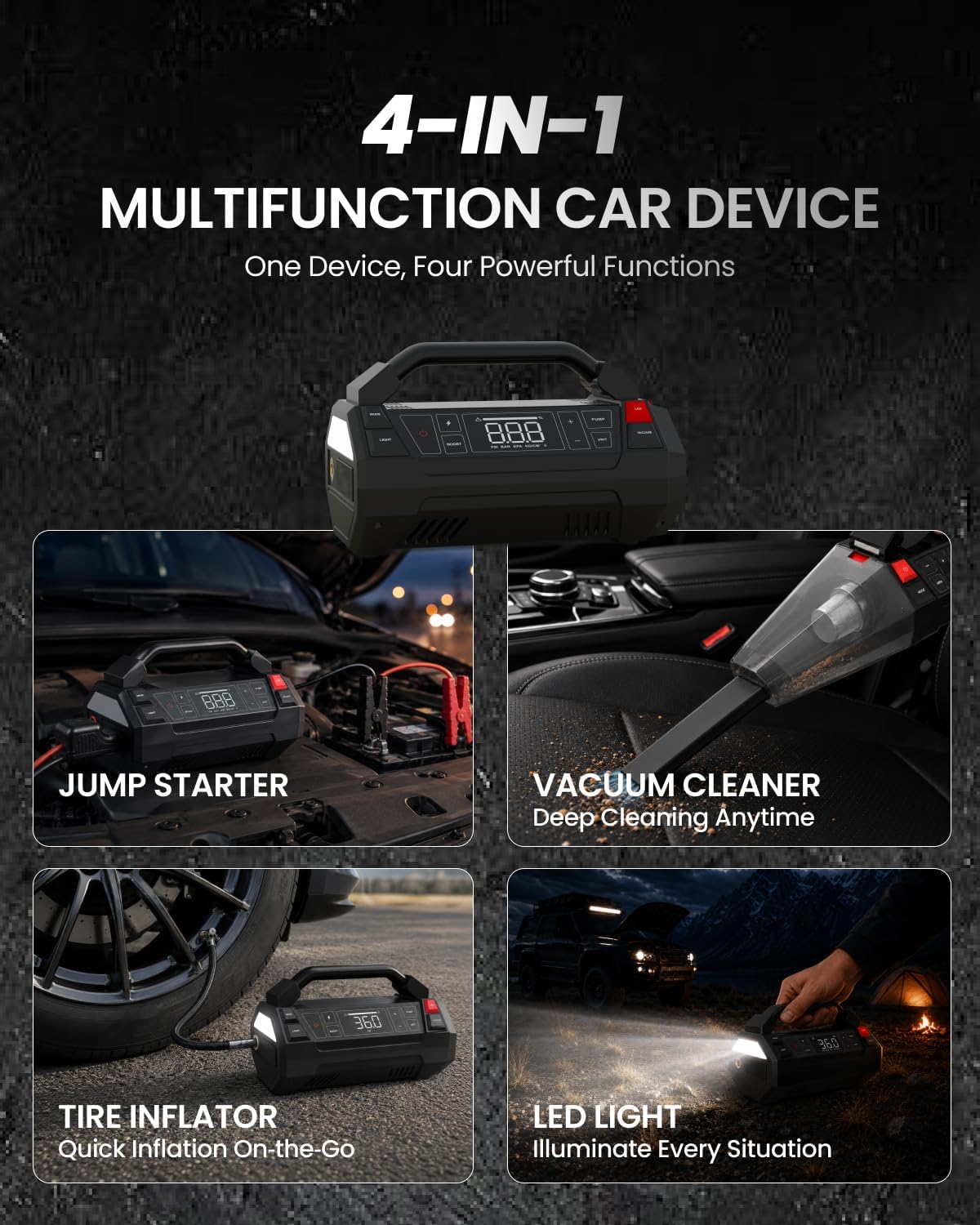 Tire Inflator Portable Air Compressor, Jump Starter, Car Vacuum Cleaner & LED Work Light, 4-IN-1 Multi-Function Design Cordless Tire Inflator with Digital Display for Cars