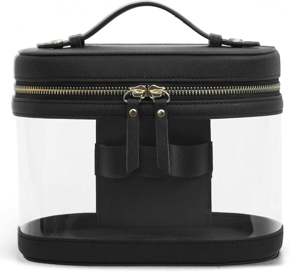 Popvibe Travel Makeup Bag Clear Compact Make Up Vanity Case with Brush Storage and Top Handle, Toiletry Makeup Case Traveling Leather Cosmetic Bag, Portable Medium Large Sized Train Case, Black