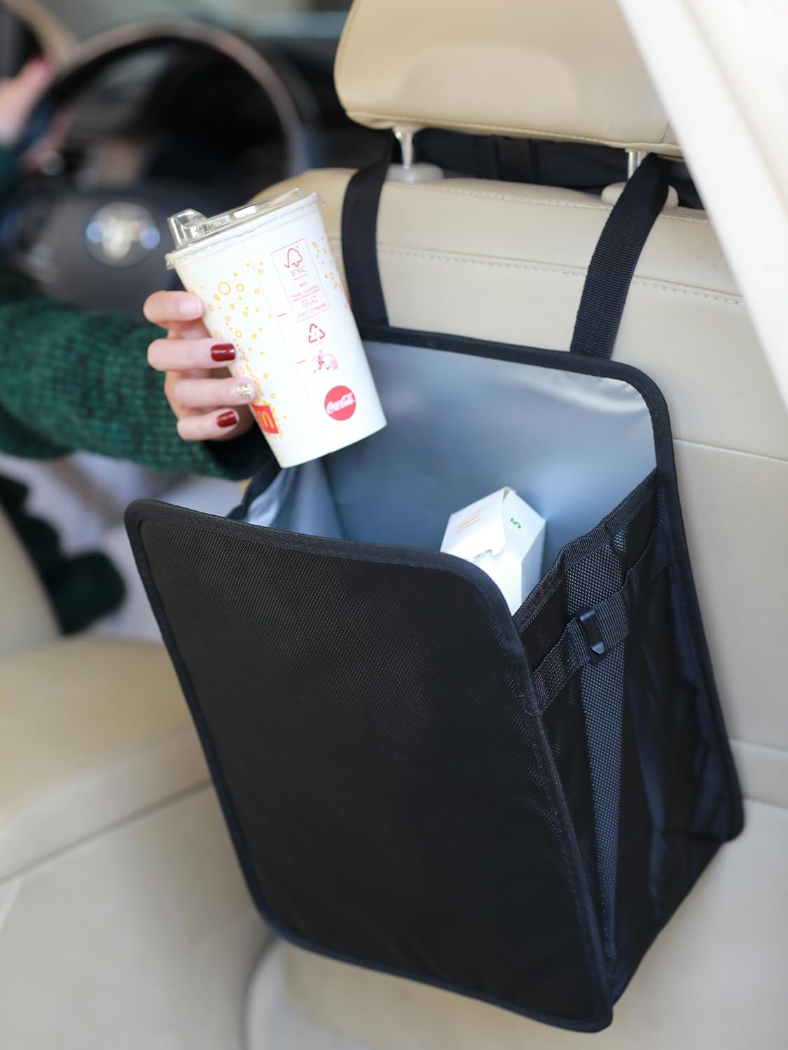 Ginsco 3 Gallons Open-Top Car Trash Can, Large Capacity Hanging Leakproof Car Trash Bag with Water-proof PEVA Liner, Stand Trash Bag for Cars Foldable Storage Bag for Cars SUV Truck RV Black
