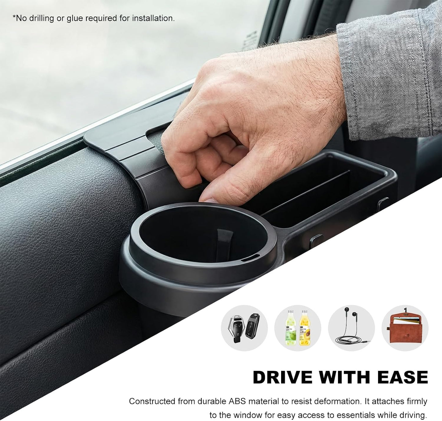Car Window Multifunctional Storage Organizer, Vehicle Side Door Mount Storage Rack with Cup Holder & Sponge Pads, Plug & Play Car Organizer for Cell Phone Earphone Key Water Cup