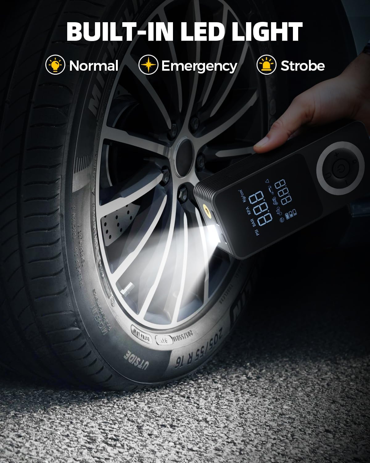 2026 Upgraded Tire Inflator Portable Air Compressor with 3X Fast Inflation, Auto Shut-off, LED Light, Type-C Charge, Long Runtime, 12V Car Power Adapter, Storage Box