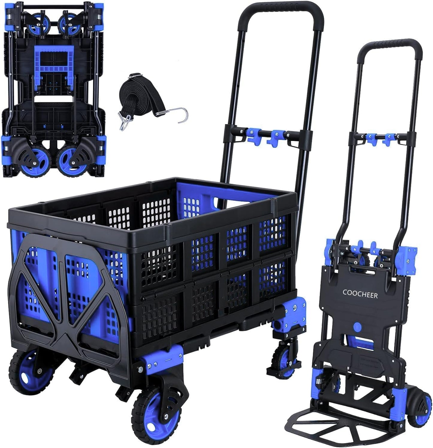 2-in-1 Folding Hand Truck Dolly with Basket, 330LB Load Carrying, Foldable Dolly with Retractable Handle and 4 Rubber Wheels, Portable Hand Cart for Moving/Travel/Office(Blue Upgrated)