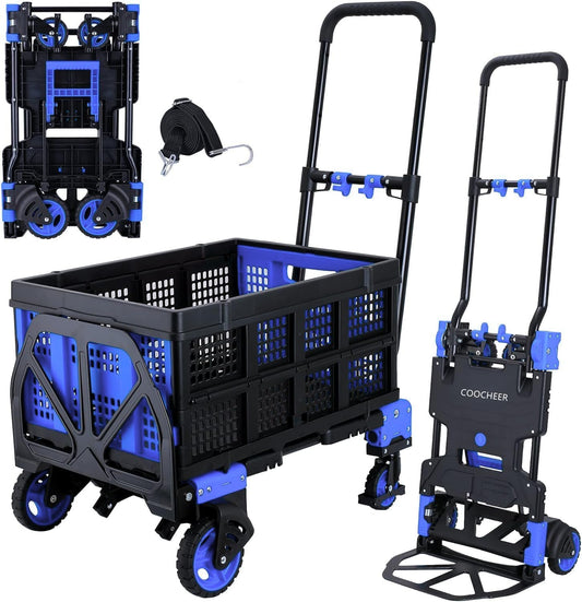 2-in-1 Folding Hand Truck Dolly with Basket, 330LB Load Carrying, Foldable Dolly with Retractable Handle and 4 Rubber Wheels, Portable Hand Cart for Moving/Travel/Office(Blue Upgrated)