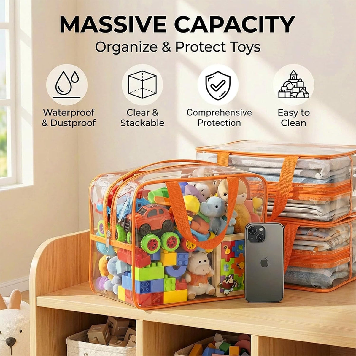 6 Packs Large Toy Storage Bags, Reusable Clear PVC Storage Bags with Zipper, Travel Waterproof Organizer Bags for Puzzles, Building Blocks,Board Game, Kids Books, Stationery(Colorful)