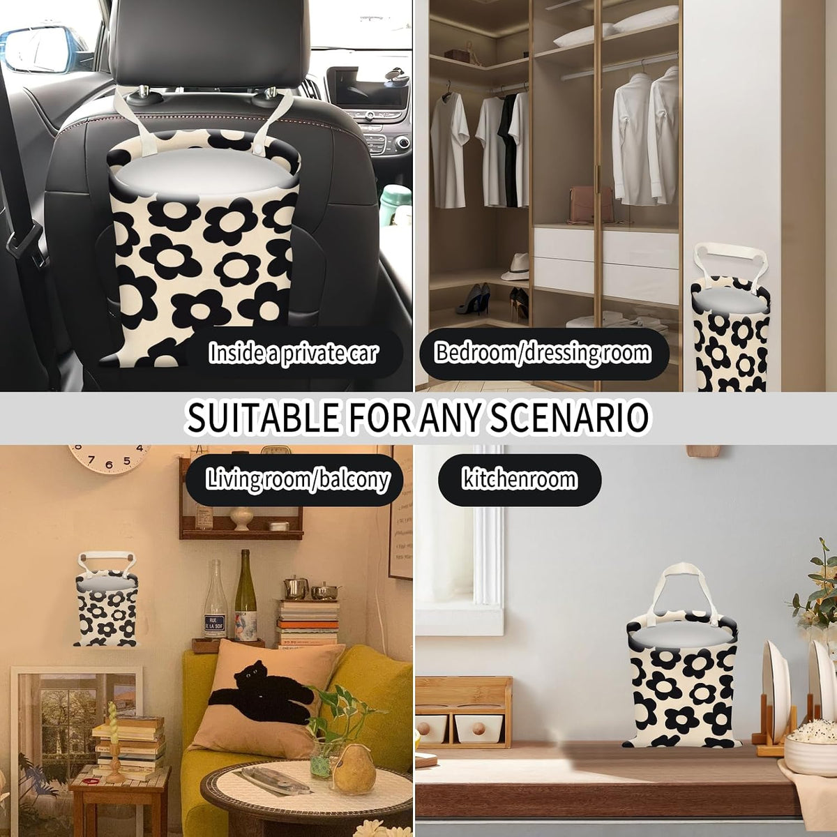 Car Trash Can, Hanging Garbage Bin for Men and Women, Cute Car Organizer and Storage Bag, Canvas Vehicle Trash Can Bag Easy-to-Install Boho Black Floral