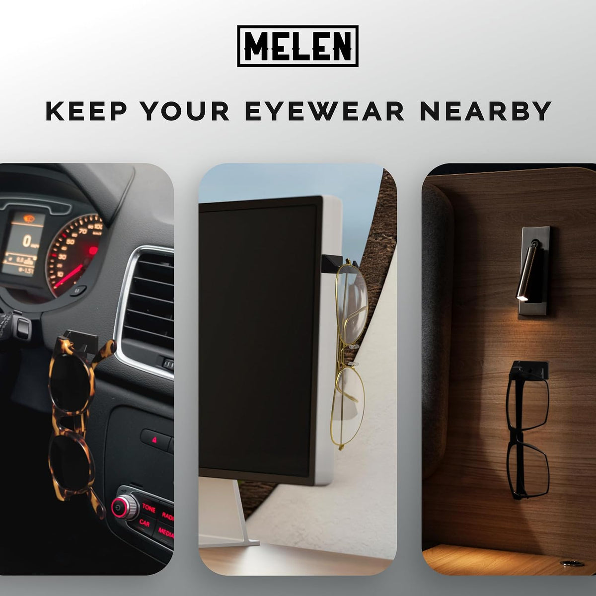 MELEN Adhesive Sunglass Organizer Wall (16-Pack) - Strong and Compact Glasses Holder, Sunglass Holder for Car and Wall - Black