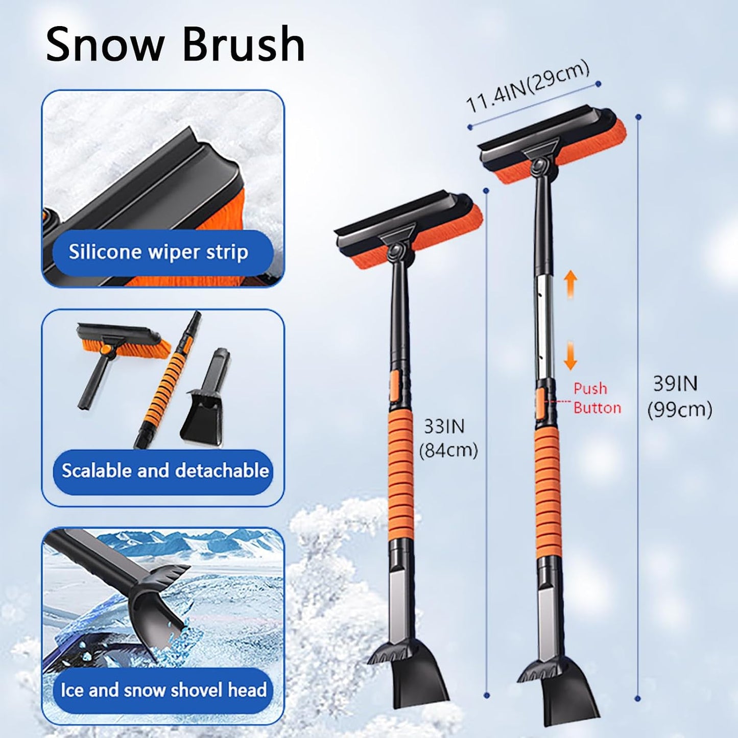 42'' Ice Scraper and Extendable Snow Brush for Car Windshield with with Foam Grip and 360° Pivoting Brush Head Snow Scraper,Snow Pushing Plate, Pivoting Snow Broom