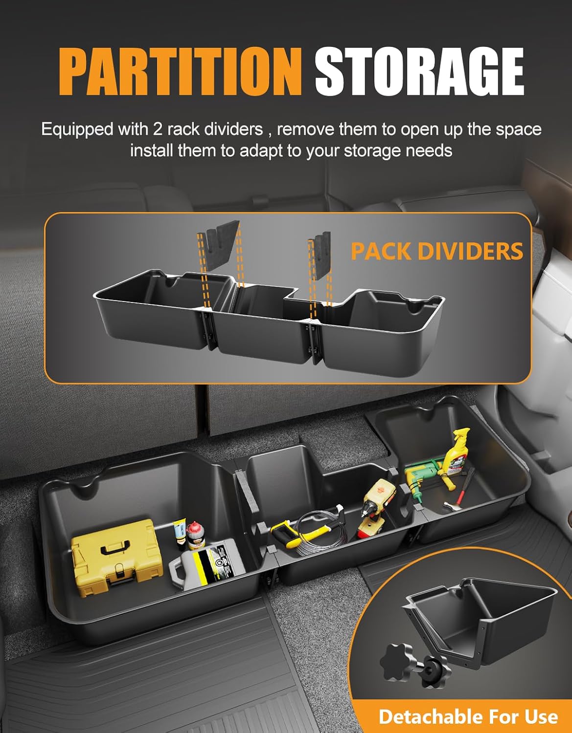 KINGGERI Under Seat Storage Boxes - Compatible with 2019-2026 Dodge Ram 1500 Crew Cab (Not for Classic), Heavy Duty Upgraded Rear Under Back Seat Storage Truck Cargo Black Tool Box Organizer