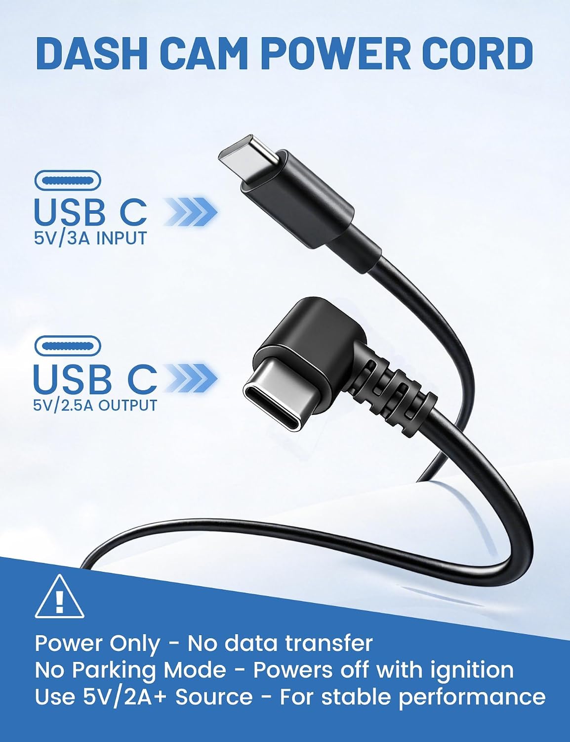 EWAY USB C to 90 Degree USB C Dash Cam Power Cord 10FT, Replacement Type C Dashcam Power Cable for Front Rear Dash Recording Dashboard Camera, Compatible with Car Charger USBC Port for SUV, Truck
