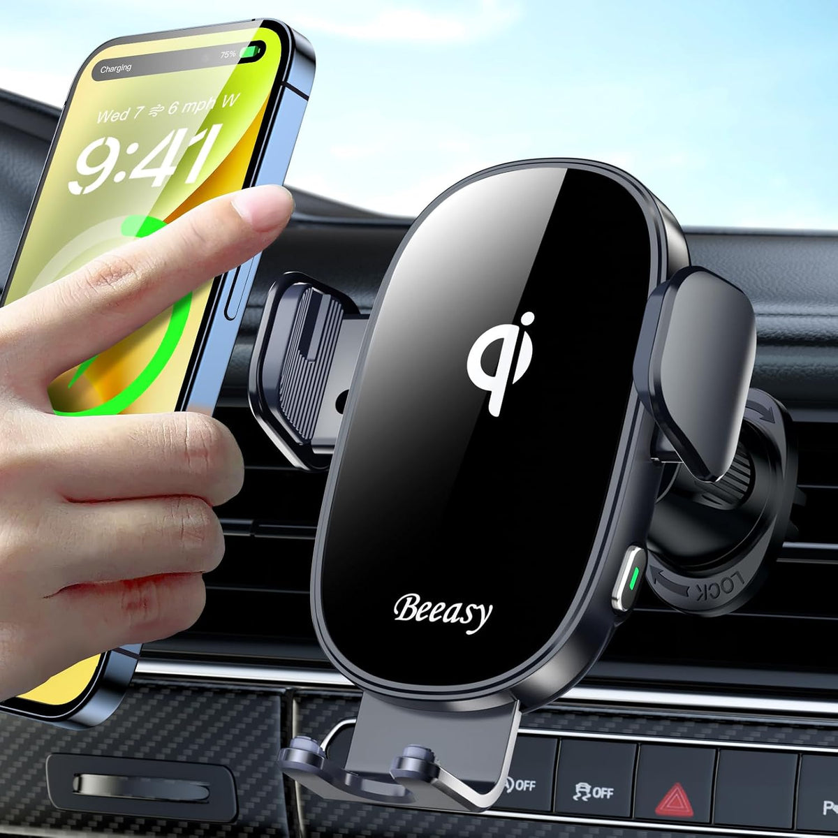 Beeasy Wireless Car Charger, 15W Fast Car Mount Charger 360° Rotation Automatic Clamping&One-Touch Release Car Vent Phone Mount Compatible with iPhone12-17, Samsung, Android Smartphones