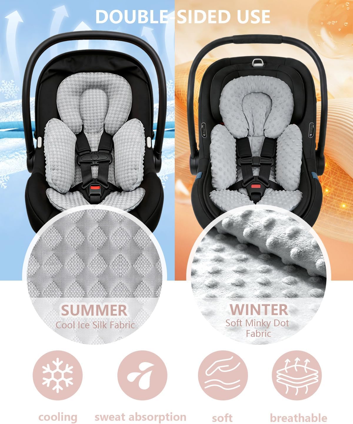 KAKIBLIN Infant Car Seat Insert for Baby, Car Seat Cooling Pad, Reversible Newborn Car Seat Insert Head Body Support for Summer, Fits for Stroller, Swing, Bouncer, Bassinet, Boys and Girls (Grey)