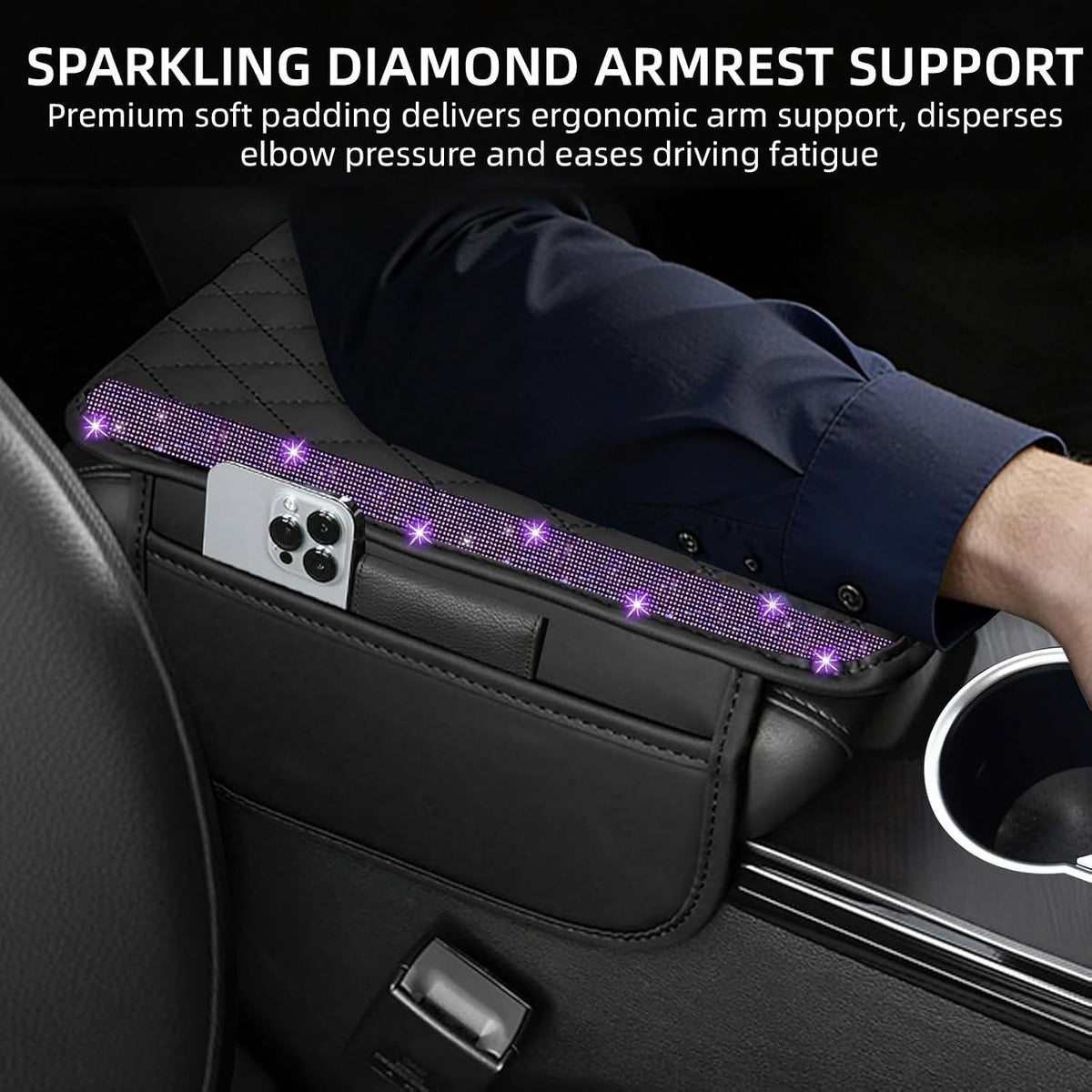 NBTEPEM Bling Car Center Console Cover, Leather Car Arm Rest Cover Cushion with 2 Storage Bags, Middle Console Cover Universal Armrest Protector Pads, Bling Accessories for Most Vehicles (Purple)