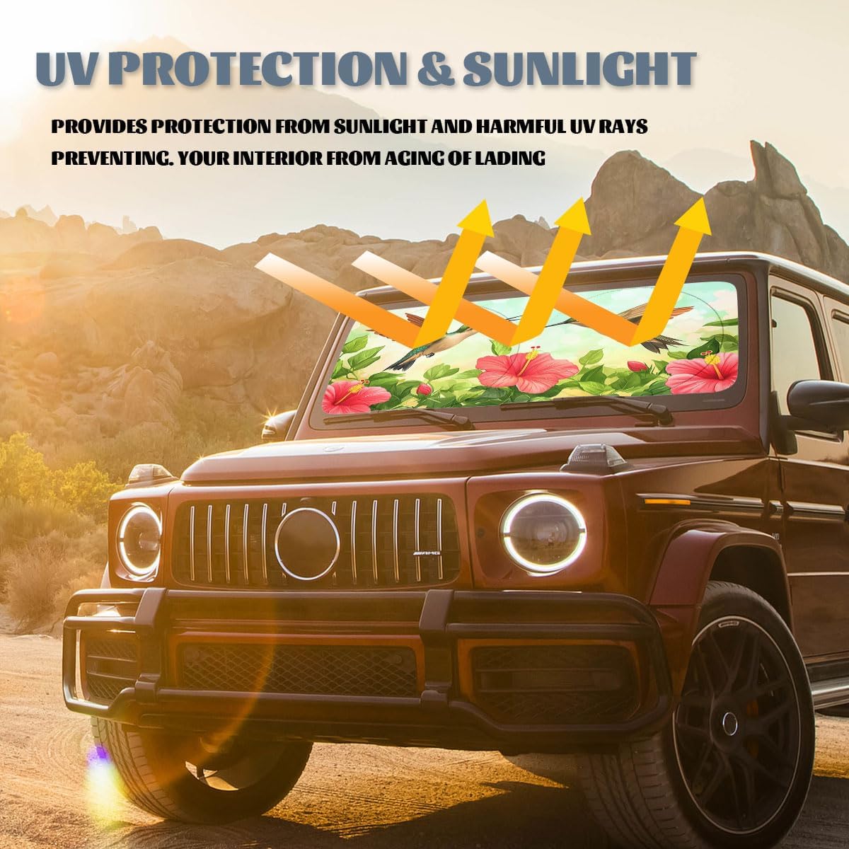 Hummingbirds Car Windshield Sunshades Hibiscus Tropical Garden Floral Summer Front Window Sun Shade Blocks UV Rays Sun Visor Protector for Car Sedan Truck SUV Accessories 59" L x 31.5" W