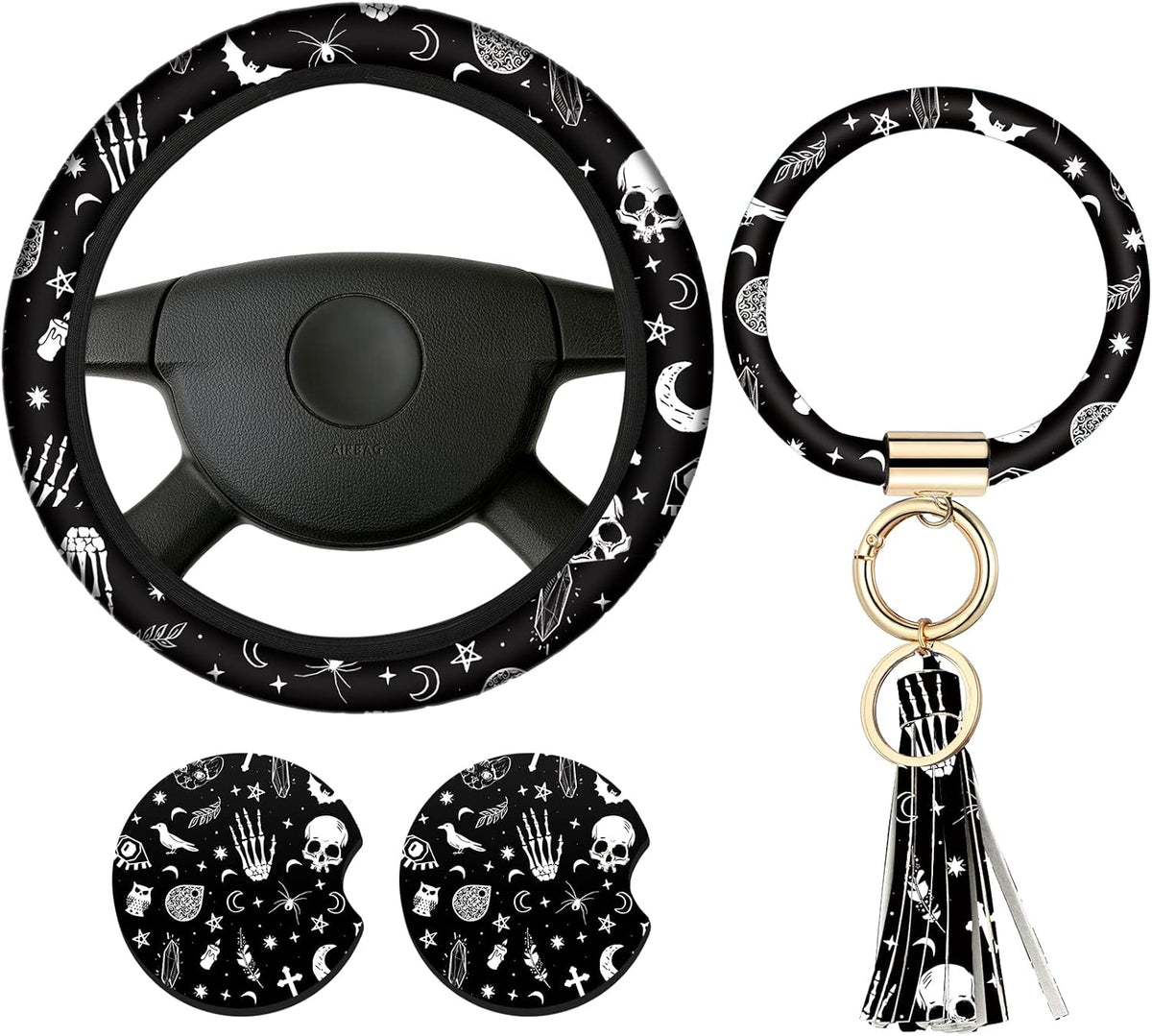 4 Pieces Black Moons White Stars Print Car Accessories Set Black Moons White Stars Steering Wheel Cover with 2 Pieces Car Cup Holder and Leather Keyring for Truck SUV(Horror Pattern)
