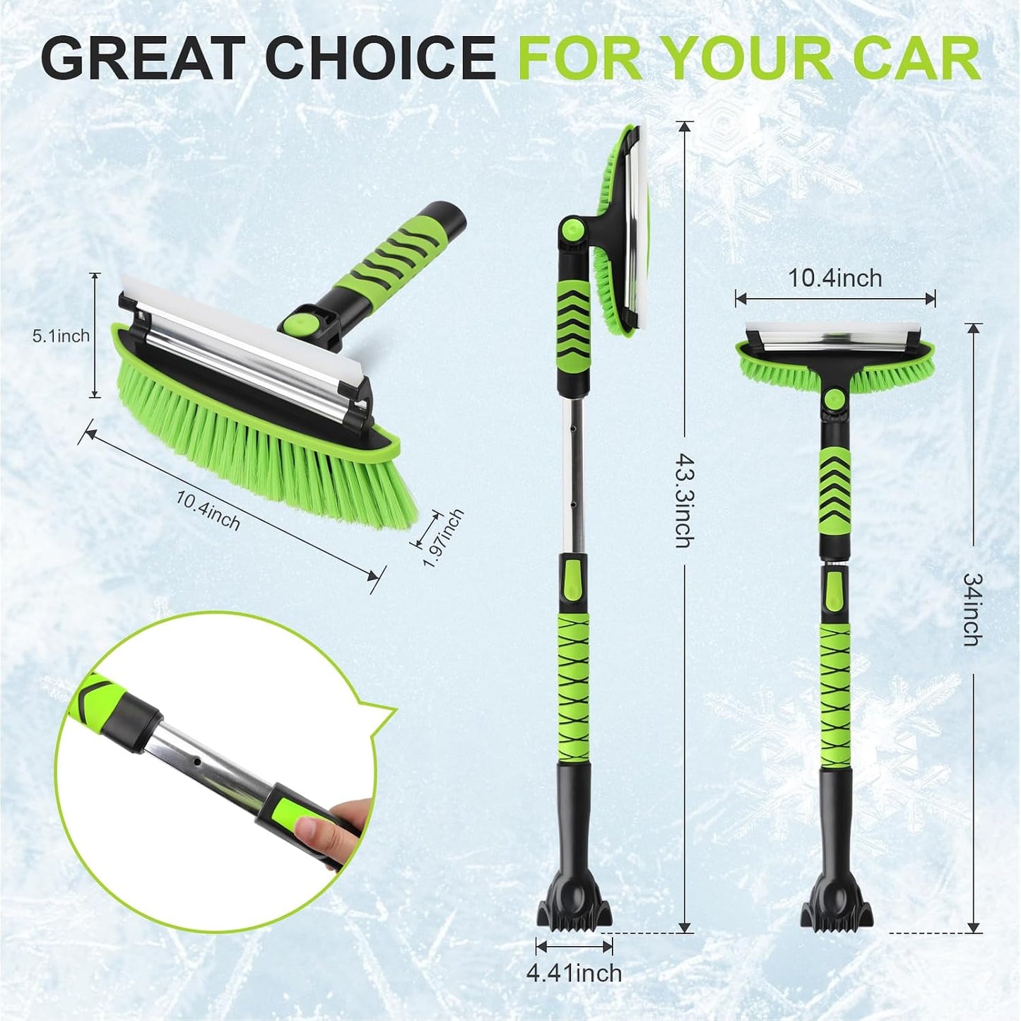 43" Ice Scraper for Car Windshield, Snow Brush with Squeegee, 3 in 1 Snow Removal for Cars with Foam Grip and 180° Pivoting Brush Head for Auto Truck SUV