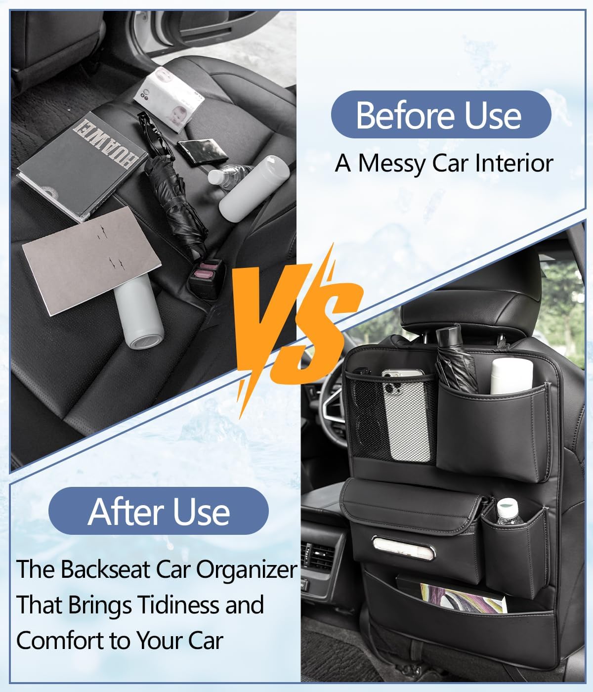 1pc Car Back Seat Organizer with Tissue Holder, 5 Storage Pockets, Kick Mat Back Seat Protector Cover for Kids, Road Trip Travel, Multifunctional Leather Auto Accessories -Black