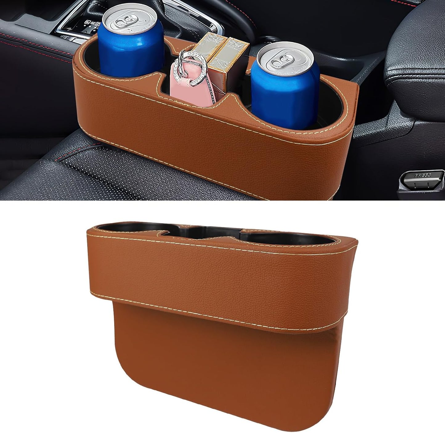 Car Cup Holder, Multifunctional Auto Drink Holder Gap Filler Storage Box, Leather Car Seat Organizer with Cup Holder, Universal Vehicle Front Seat Organizer for Bottle Phone (Black)