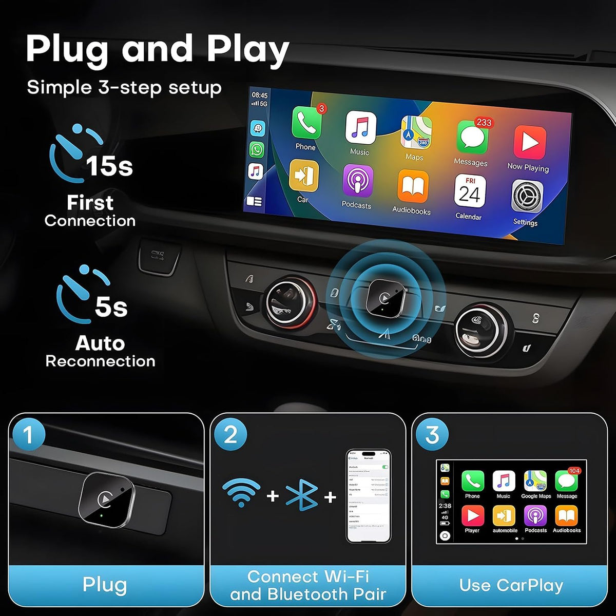 Wireless CarPlay Adapter, Mini USB-C Dongle with 5GHz WiFi, Converts Wired to Wireless CarPlay & Android Auto, Plug & Play, Auto Reconnect, No Lag, for 2016+ Cars, USB-A Adapter Included