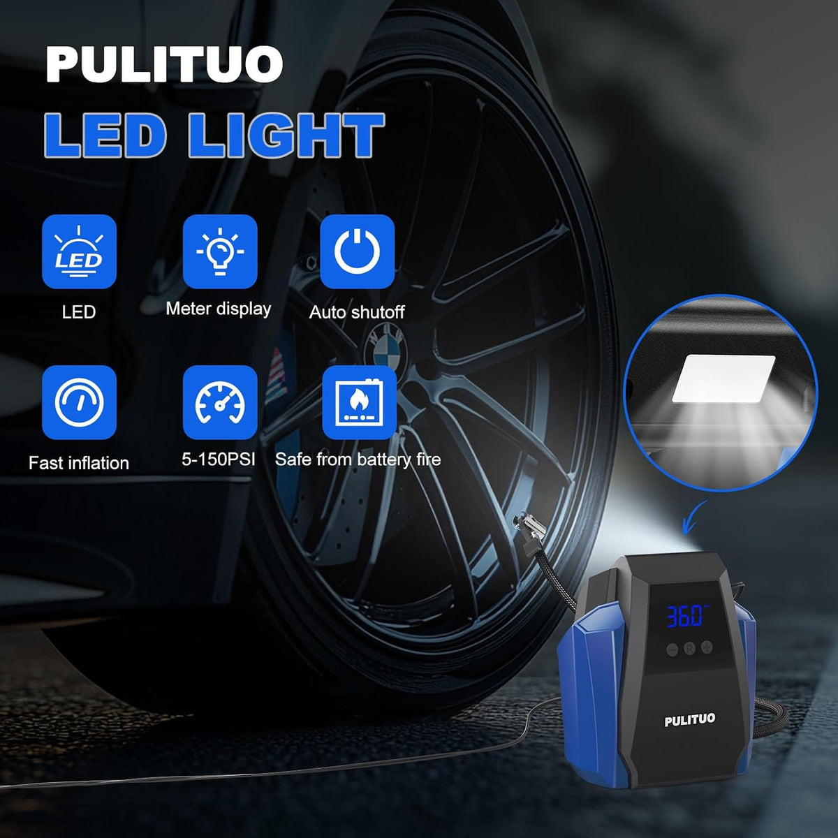 PULITUO 12V DC Tire Inflator - Portable Air Compressor 35L/min, 150 PSI Car Tire Pump with Auto Shut Off, Digital Pressure Gauge and LED Light, Blue