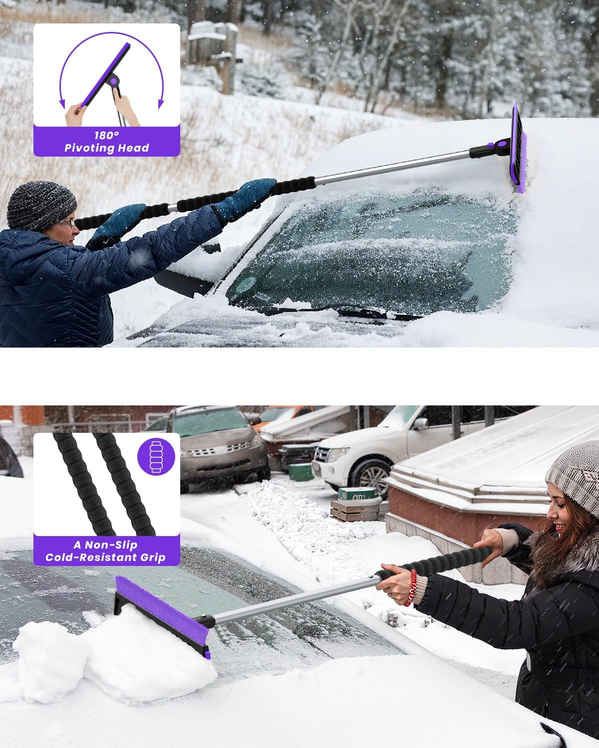 helloleiboo 55.7" Extra Long Ice Scraper with Snow Brush, Purple