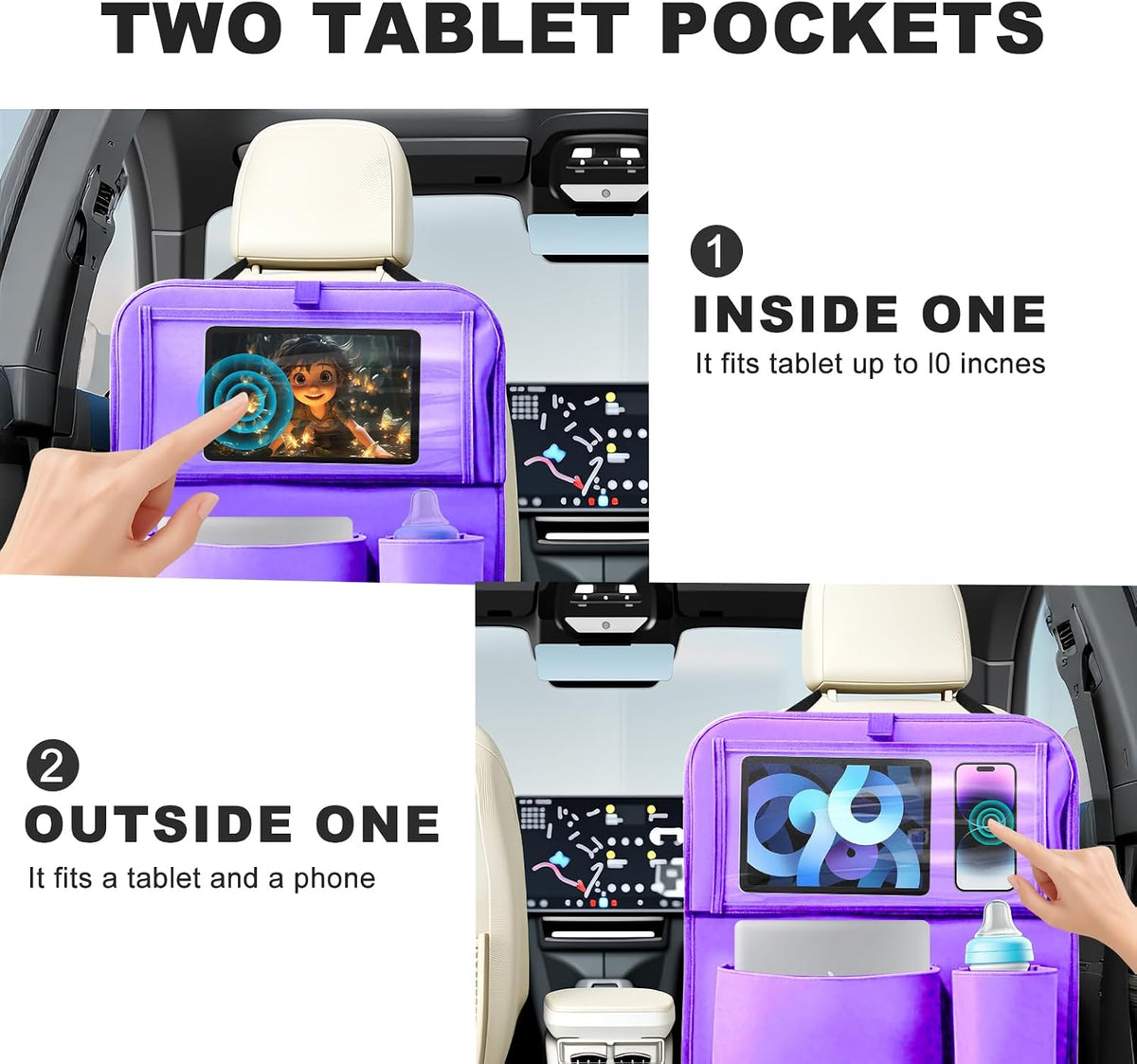 2 Pack Car Backseat Organizer with Foldable Table Tray Purple