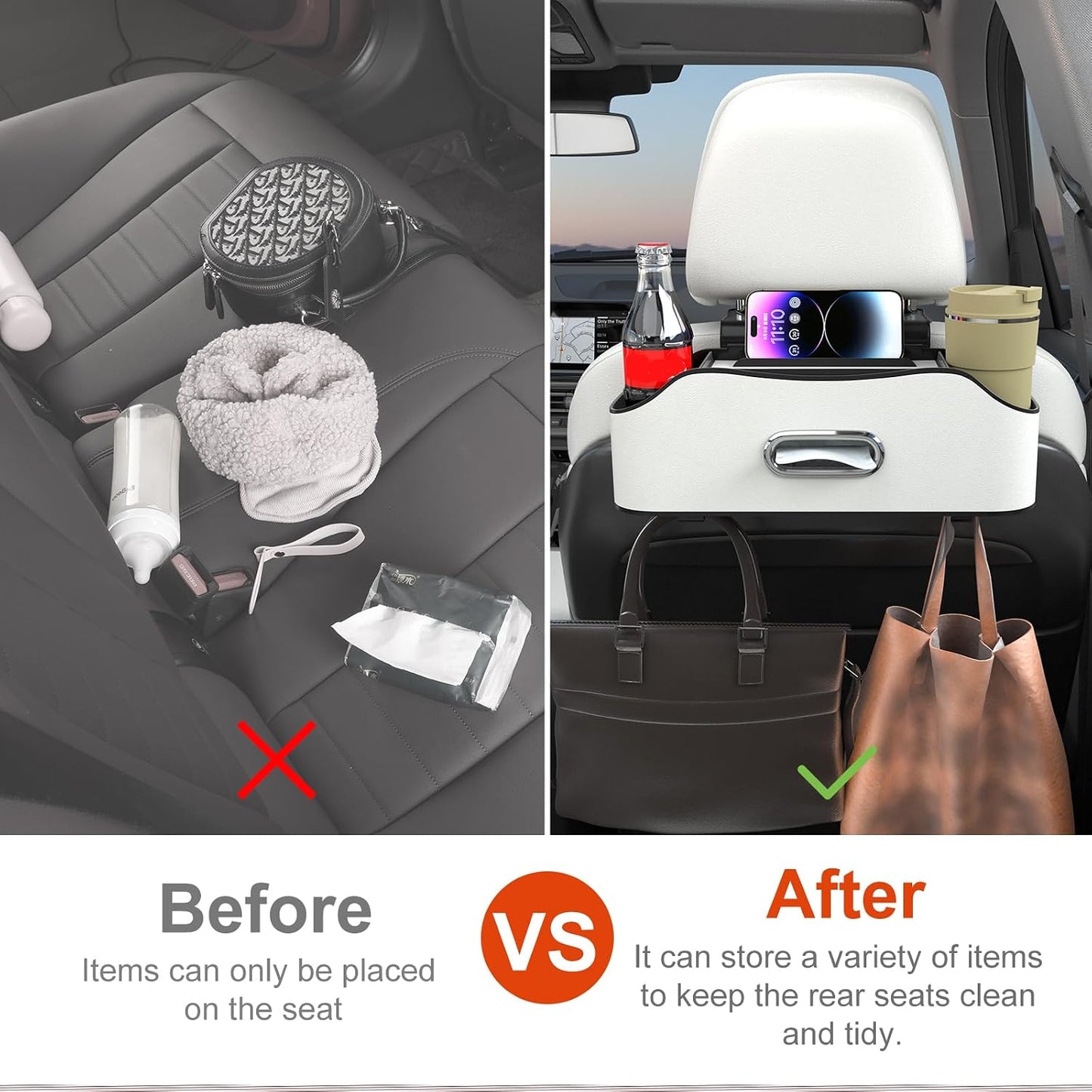 Back Seat Cup Holder for Car – Multifunctional Seat Back Organizer with Drink Holders, Tissue Box Storage & Hooks, Fits Headrest for Auto. (White)