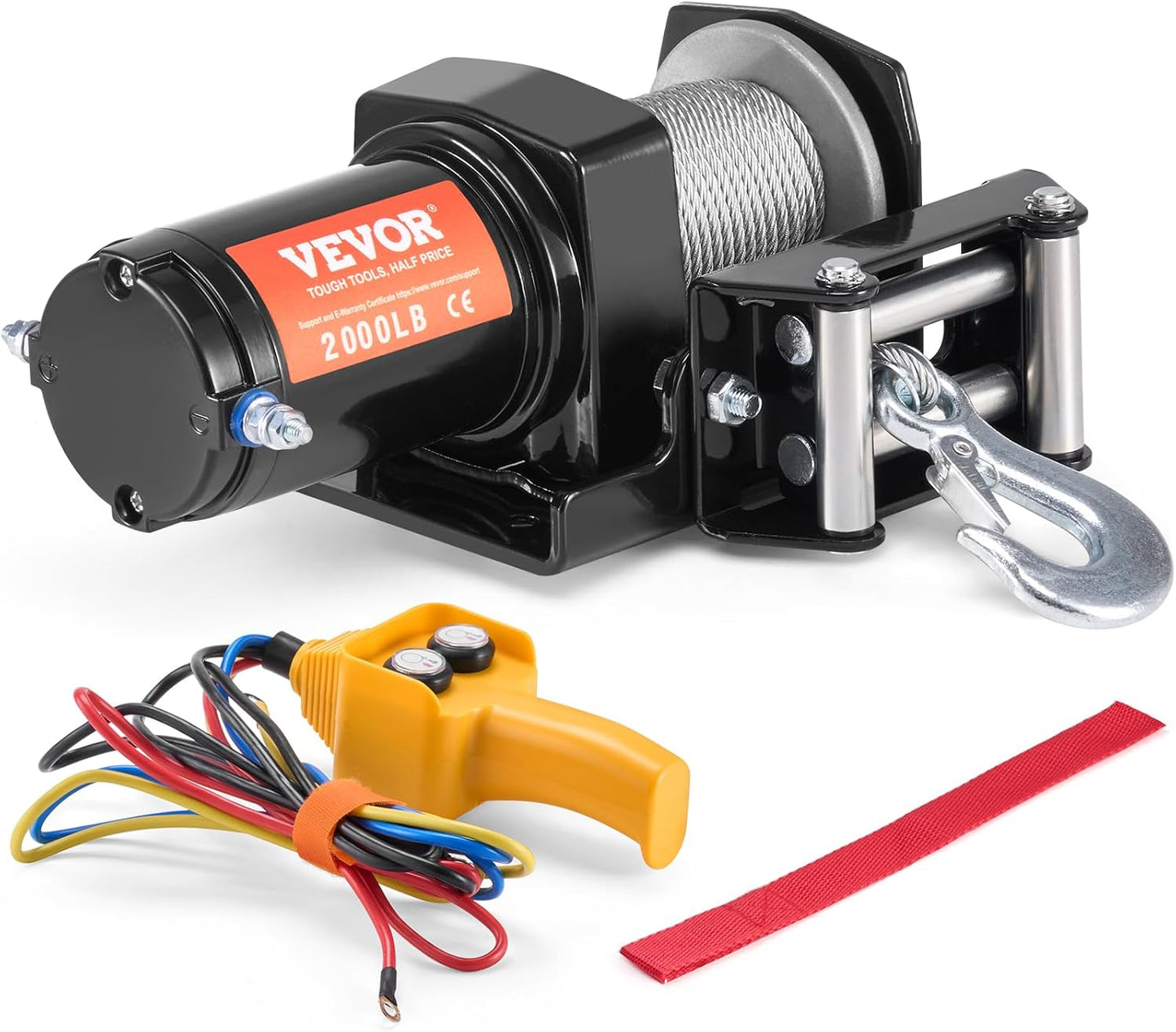 VEVOR ATV Winch, 2000 lb Electric Winch, 12V Small ATV UTV Winch with 5/32 in x 39 ft Steel Cable Roller Fairlead Wired Remote Control, IP55 Waterproof for Towing UTV ATV Car Vehicle Off-Road