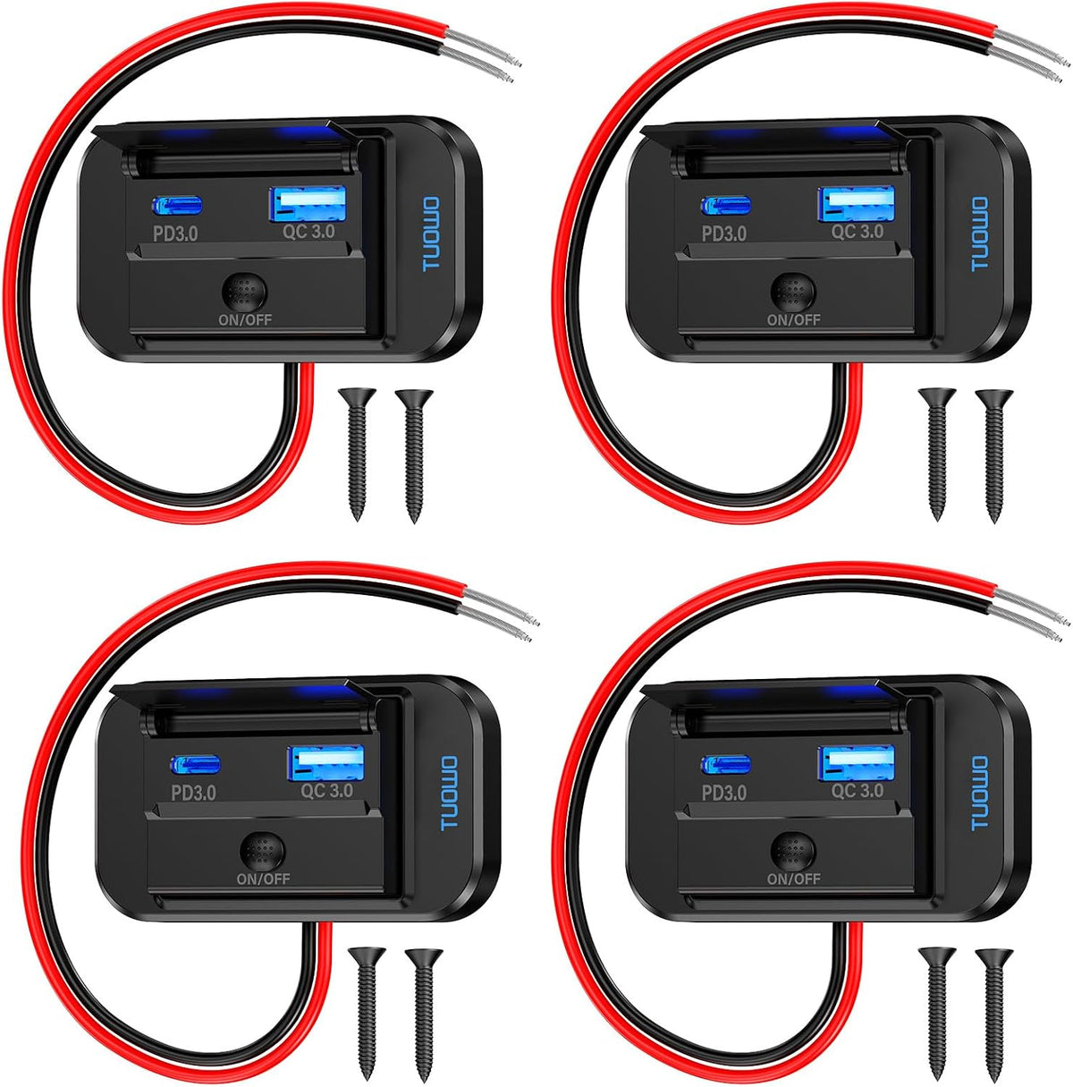 USB Outlet Panel 4-Pack - 54W Fast Charging Type-C PD 36W + USB-A QC 3.0 18W 12V/24V Surface Mount for RV Marine Truck Bus Golf Cart
